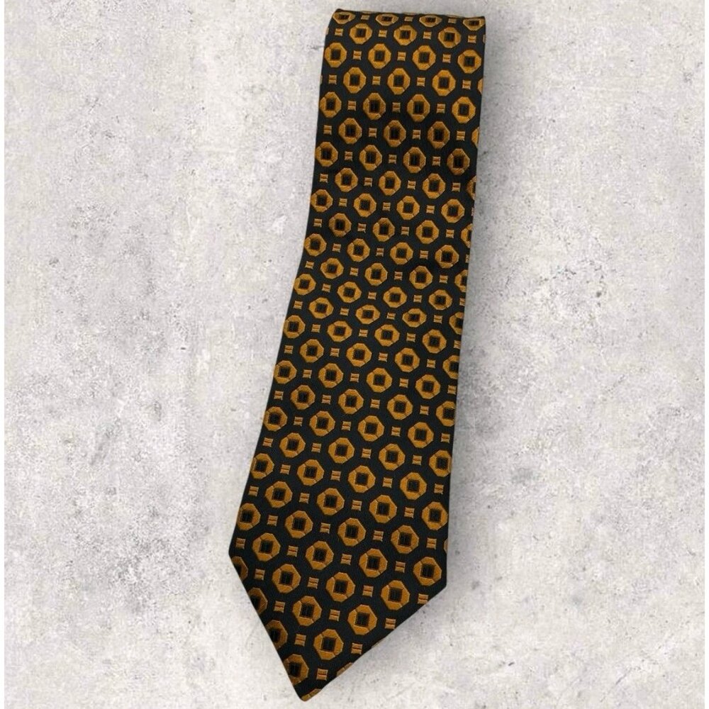 KENZO Silk Tie ITALY Black Gold Geometric W:3.8" EUC